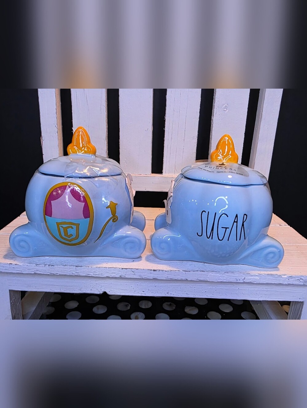 Rae Dunn Blue & Gold Cinderella Carriage Sugar Jar Set